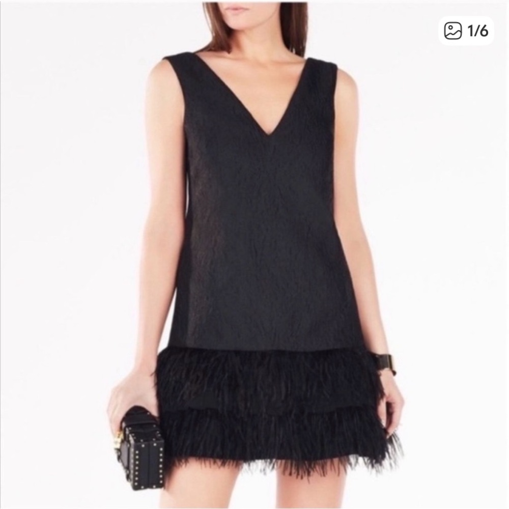 NWT BCBGMaxAzria Black Shift Dress with Feather Hem